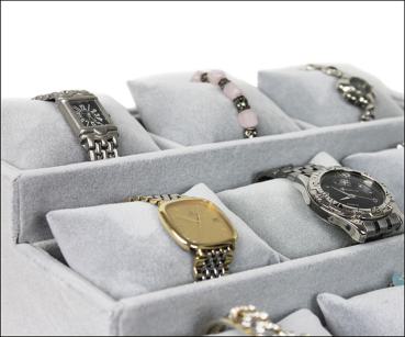 Schmucktreppe Uhrenständer Juwelier Display 3 Ebenen 9 Uhrenkissen grau